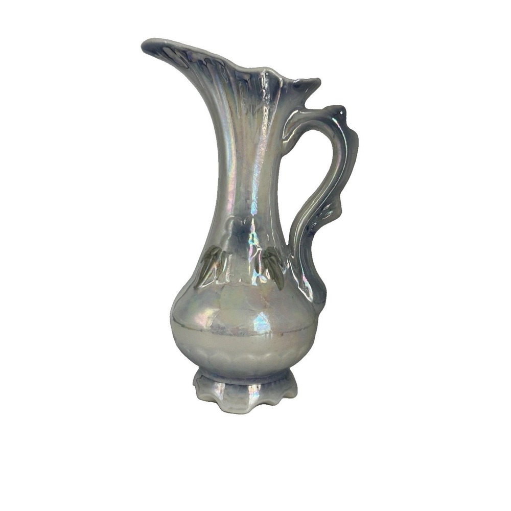 VTG Iridescent Pearl White-Blue Luster Ceramic Ewer Pitcher Applied Flowers 8"